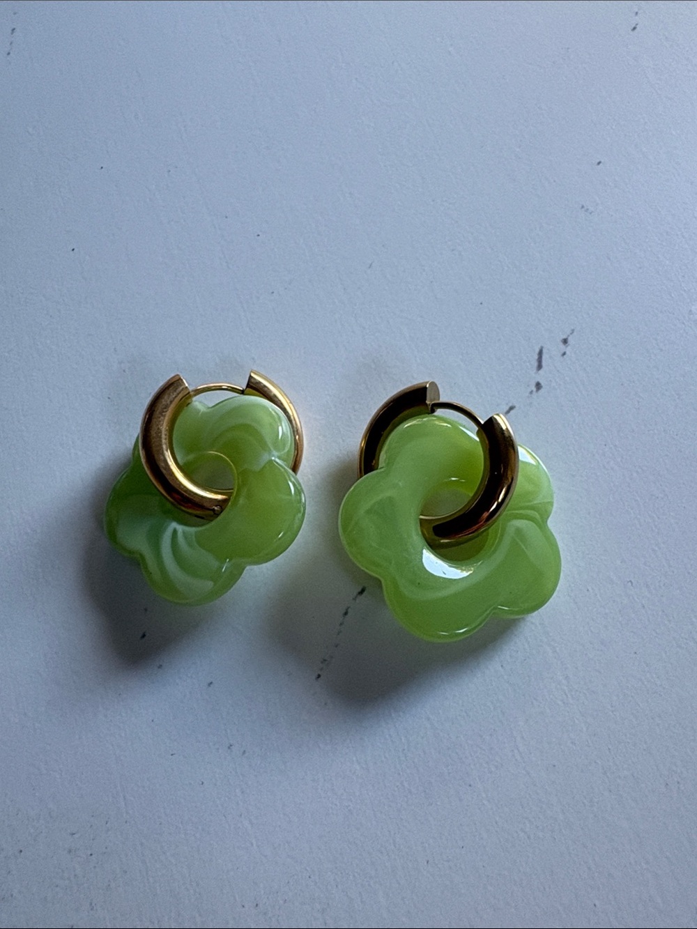 Green Resin Flower Hoop Earrings - Gold Accent 18kgp hoop.